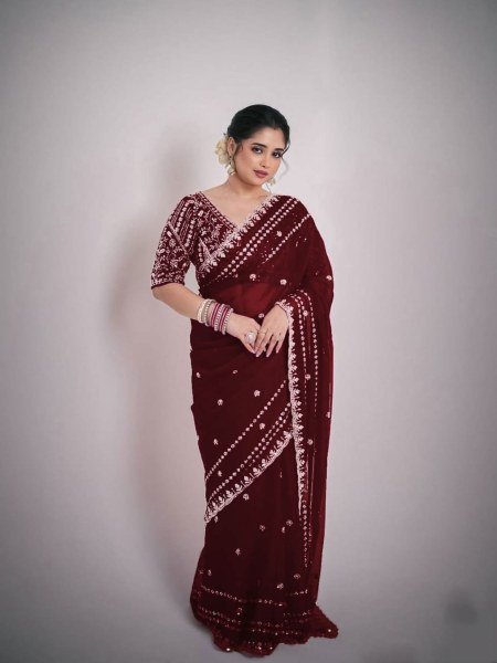 Captivating Maroon Soft Silk Saree with Sequins and Zari Embroidery Work Silk Sarees Wholesale