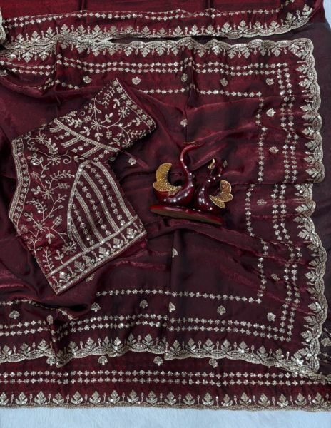 Captivating Maroon Soft Silk Saree with Sequins and Zari Embroidery Work Silk Sarees Wholesale