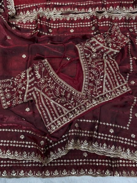 Captivating Maroon Soft Silk Saree with Sequins and Zari Embroidery Work Silk Sarees Wholesale