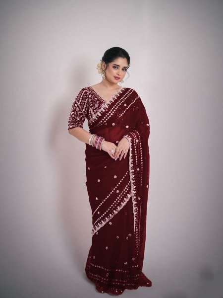 Captivating Maroon Soft Silk Saree with Sequins and Zari Embroidery Work Silk Sarees Wholesale