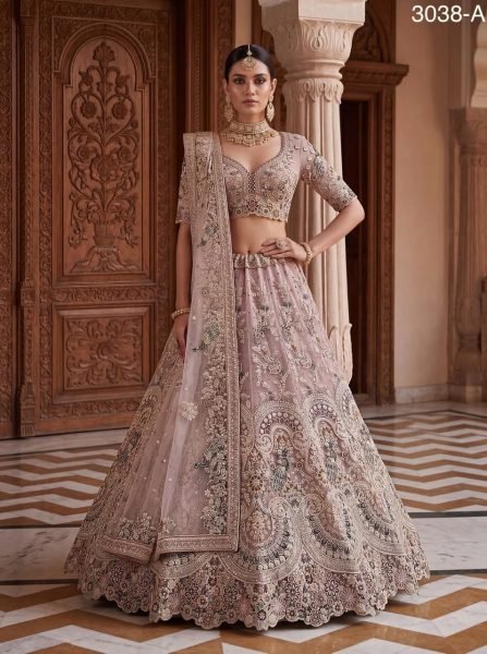 Captivating Mauve Designer Net Lehenga Choli with Heavy Sequins and Cotton Thread Work Bridal Lehenga Choli
