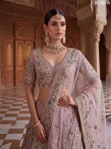 Captivating Mauve Designer Net Lehenga Choli with Heavy Sequins and Cotton Thread Work Bridal Lehenga Choli