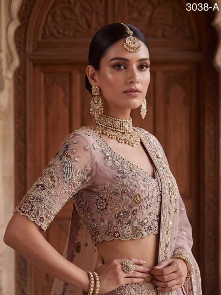 Captivating Mauve Designer Net Lehenga Choli with Heavy Sequins and Cotton Thread Work Bridal Lehenga Choli