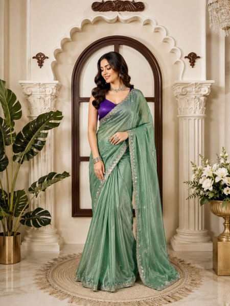Captivating Mint Green Fendy Silk Saree with Designer Embroidery and Banglory Blouse Sarees 