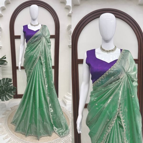 Captivating Mint Green Fendy Silk Saree with Designer Embroidery and Banglory Blouse Silk Sarees Wholesale