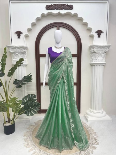 Captivating Mint Green Fendy Silk Saree with Designer Embroidery and Banglory Blouse Silk Sarees Wholesale