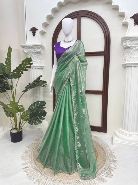 Captivating Mint Green Fendy Silk Saree with Designer Embroidery and Banglory Blouse Silk Sarees Wholesale