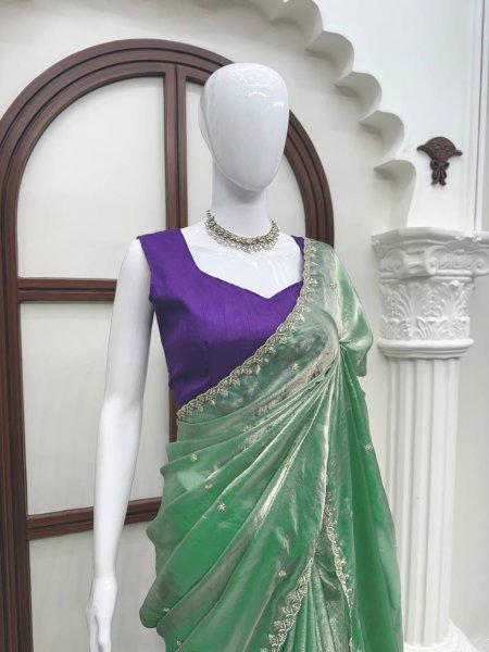 Captivating Mint Green Fendy Silk Saree with Designer Embroidery and Banglory Blouse Silk Sarees Wholesale