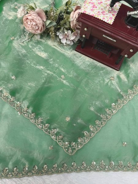 Captivating Mint Green Fendy Silk Saree with Designer Embroidery and Banglory Blouse Silk Sarees Wholesale