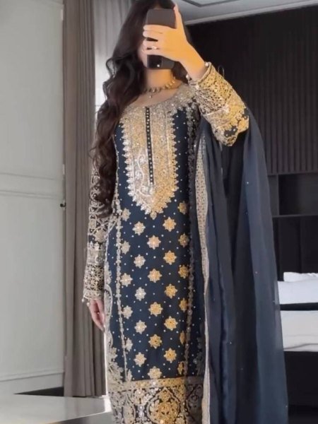 Captivating Navy Blue Georgette Readymade Pakistani Suit at Wholesale Rate