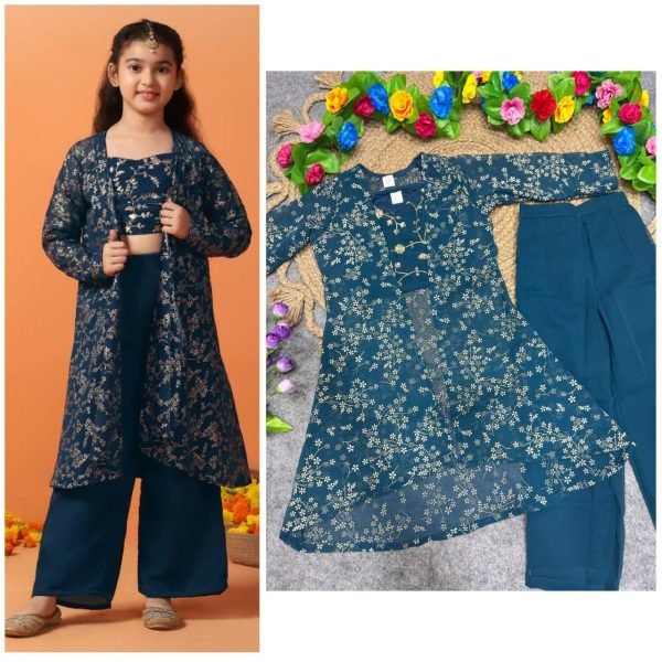 Captivating Navy Blue Georgette Festive   Party Wear Ethnic Set for Girls Girls Wear