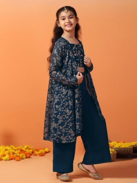 Captivating Navy Blue Georgette Festive   Party Wear Ethnic Set for Girls Girls Wear