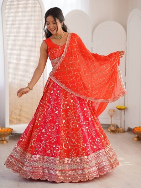 Captivating Orange Faux Georgette Lehenga with Sequence Work for Wedding Wear  Lehenga