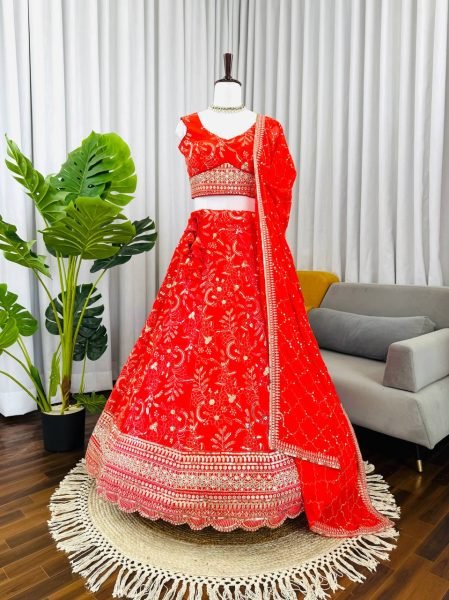 Captivating Orange Faux Georgette Lehenga with Sequence Work for Wedding Wear Designer Lehenga Choli