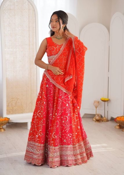 Captivating Orange Faux Georgette Lehenga with Sequence Work for Wedding Wear Designer Lehenga Choli