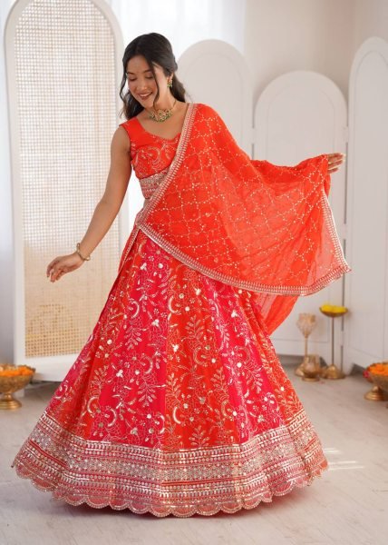 Captivating Orange Faux Georgette Lehenga with Sequence Work for Wedding Wear Designer Lehenga Choli