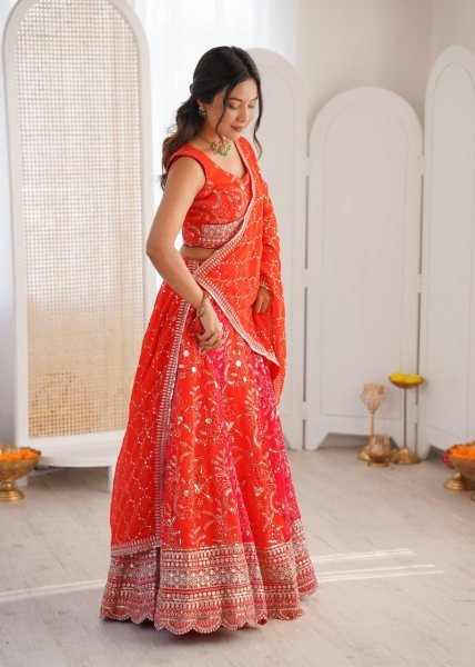 Captivating Orange Faux Georgette Lehenga with Sequence Work for Wedding Wear Designer Lehenga Choli