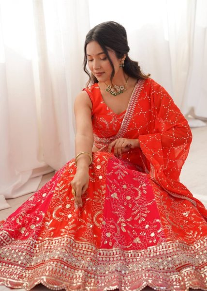 Captivating Orange Faux Georgette Lehenga with Sequence Work for Wedding Wear Designer Lehenga Choli