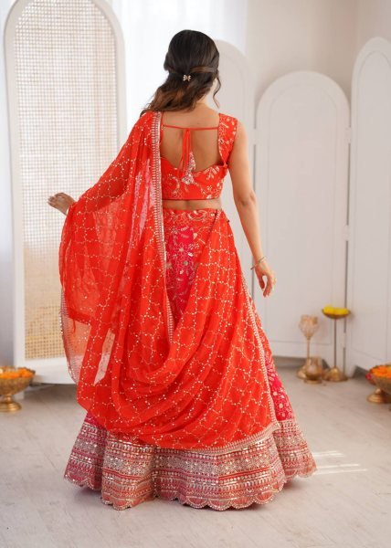 Captivating Orange Faux Georgette Lehenga with Sequence Work for Wedding Wear Designer Lehenga Choli