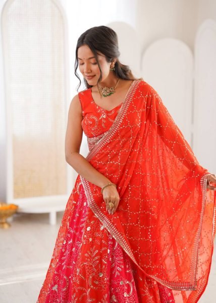 Captivating Orange Faux Georgette Lehenga with Sequence Work for Wedding Wear Designer Lehenga Choli