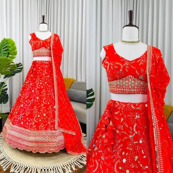 Captivating Orange Faux Georgette Lehenga with Sequence Work for Wedding Wear Designer Lehenga Choli