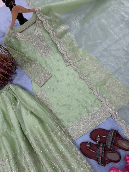 Captivating Parrot Green Fully Stitched Embroidery Plazzo Suit Set with Dupatta at Function Weat Ready To Wear Collection