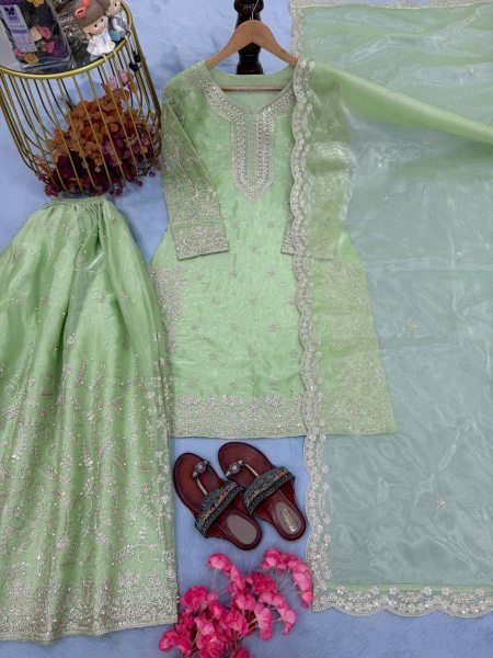 Captivating Parrot Green Fully Stitched Embroidery Plazzo Suit Set with Dupatta at Function Weat Ready To Wear Collection