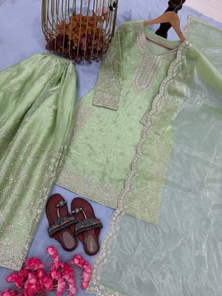 Captivating Parrot Green Fully Stitched Embroidery Plazzo Suit Set with Dupatta at Function Weat Ready To Wear Collection