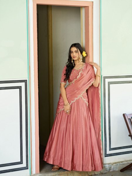 Captivating Peach Chinon Lehenga with Thread Embroidery Work and Matching Dupatta 