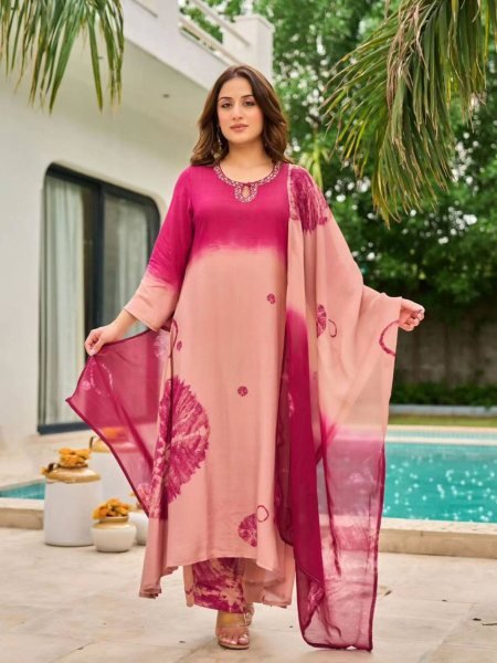 Captivating Peach Chinon Silk Digital Printed Plazzo Suit for Graceful Festive Look Ready To Wear Suit