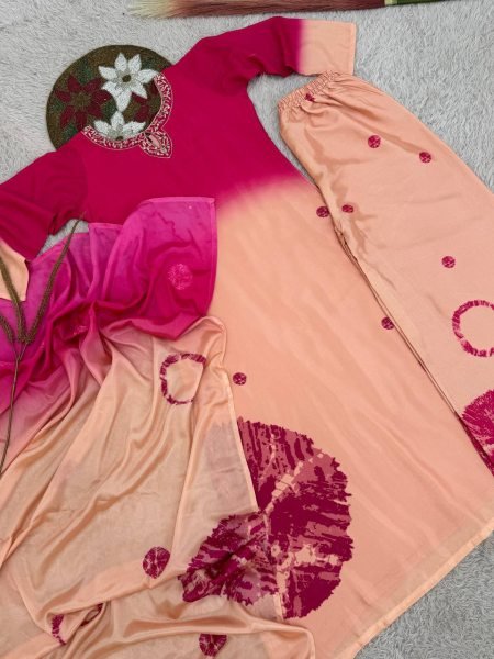 Captivating Peach Chinon Silk Digital Printed Plazzo Suit for Graceful Festive Look Ready To Wear Collection