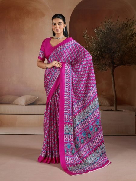 Captivating Pink Ajrakh Digital Print Soft Satin Georgette Saree for Women Sarees 