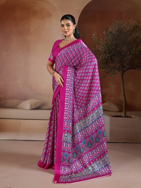 Captivating Pink Ajrakh Digital Print Soft Satin Georgette Saree for Women Georgette Sarees Wholesale