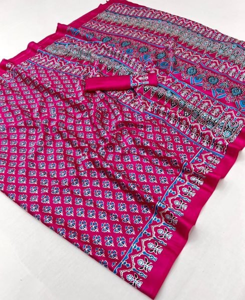 Captivating Pink Ajrakh Digital Print Soft Satin Georgette Saree for Women Georgette Sarees Wholesale