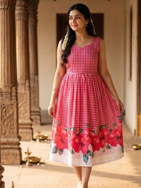 Captivating Pink Comfortable Maslin Gown with Checks Design for Casual Wear Kurtis