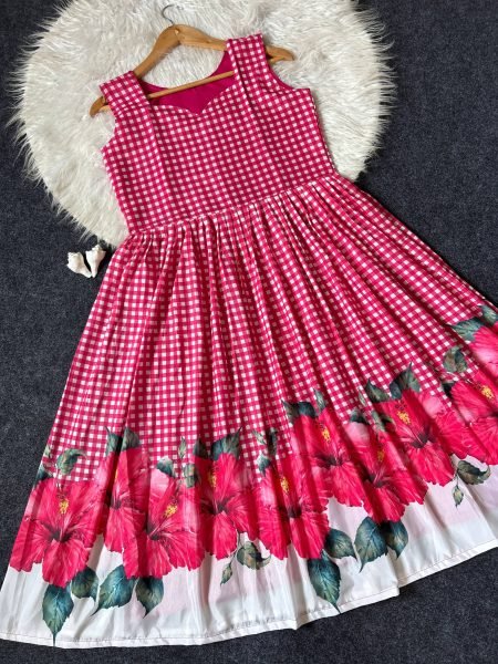 Captivating Pink Comfortable Maslin Gown with Checks Design for Casual Wear Western Ladies Top Wholesale