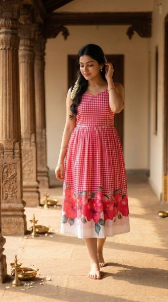 Captivating Pink Comfortable Maslin Gown with Checks Design for Casual Wear Western Ladies Top Wholesale
