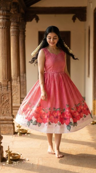 Captivating Pink Comfortable Maslin Gown with Checks Design for Casual Wear Western Ladies Top Wholesale
