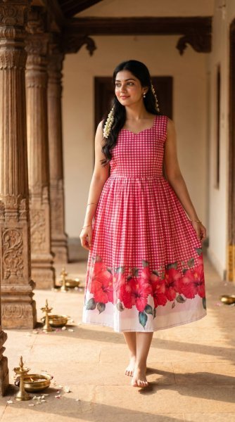 Captivating Pink Comfortable Maslin Gown with Checks Design for Casual Wear Western Ladies Top Wholesale