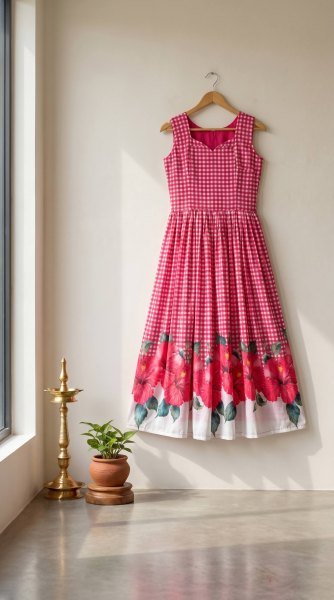Captivating Pink Comfortable Maslin Gown with Checks Design for Casual Wear Western Ladies Top Wholesale