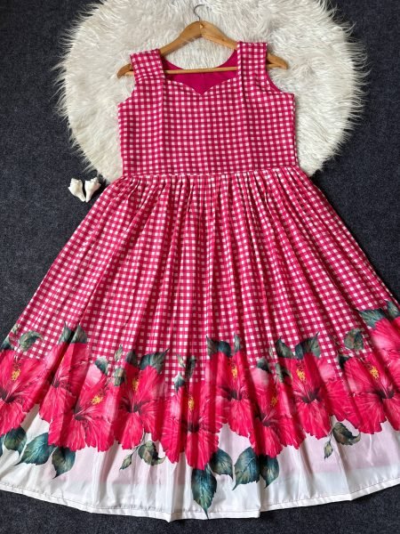 Captivating Pink Comfortable Maslin Gown with Checks Design for Casual Wear Western Ladies Top Wholesale