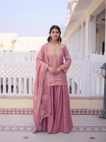 Captivating Pink Fandy Embroidered Kurti Palazzo Set with Dupatta for Festival 3 Piece Kurti Set