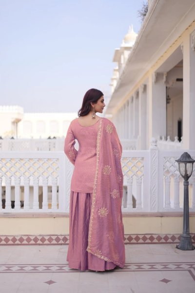 Captivating Pink Fandy Embroidered Kurti Palazzo Set with Dupatta for Festival 3 Piece Kurti Set
