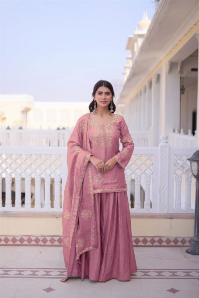Captivating Pink Fandy Embroidered Kurti Palazzo Set with Dupatta for Festival 3 Piece Kurti Set