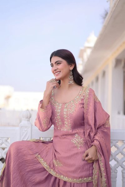 Captivating Pink Fandy Embroidered Kurti Palazzo Set with Dupatta for Festival 3 Piece Kurti Set