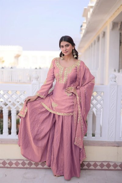 Captivating Pink Fandy Embroidered Kurti Palazzo Set with Dupatta for Festival 3 Piece Kurti Set