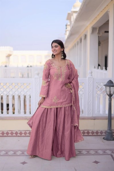 Captivating Pink Fandy Embroidered Kurti Palazzo Set with Dupatta for Festival 3 Piece Kurti Set