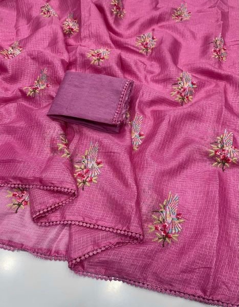 Captivating Pink Pure Kota Doriya Saree with Embroidery Work for Festive Wear Embroidery Sarees Wholesale