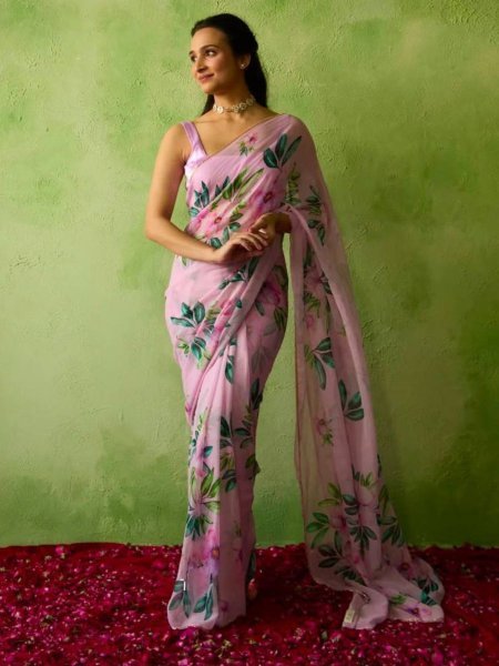 Captivating Pink Teby Silk Floral Print Saree with Cut Dana Arco Border for Wedding Sarees 