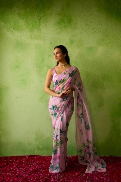 Captivating Pink Teby Silk Floral Print Saree with Cut Dana Arco Border for Wedding Silk Sarees Wholesale